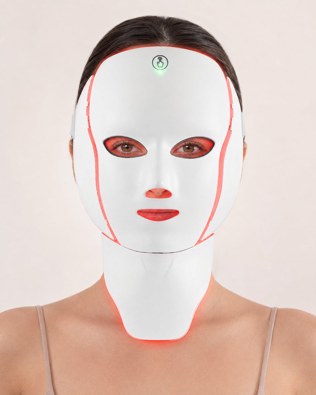 LED Longevity Mask worn front on, red light covering the whole face and the separate neck panel below the jaw