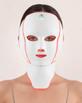 LED Longevity Mask worn front on, red light covering the whole face and the separate neck panel below the jaw