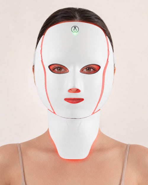 LED Longevity Mask worn front on, red light covering the whole face and the separate neck panel below the jaw